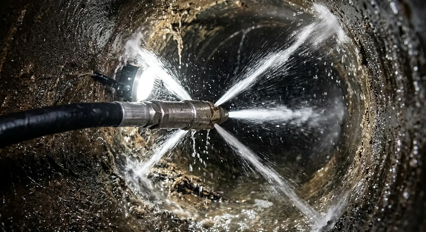 High-pressure hydro jetting nozzle cleaning sewer pipe for Sewer Cleanout in East Haven