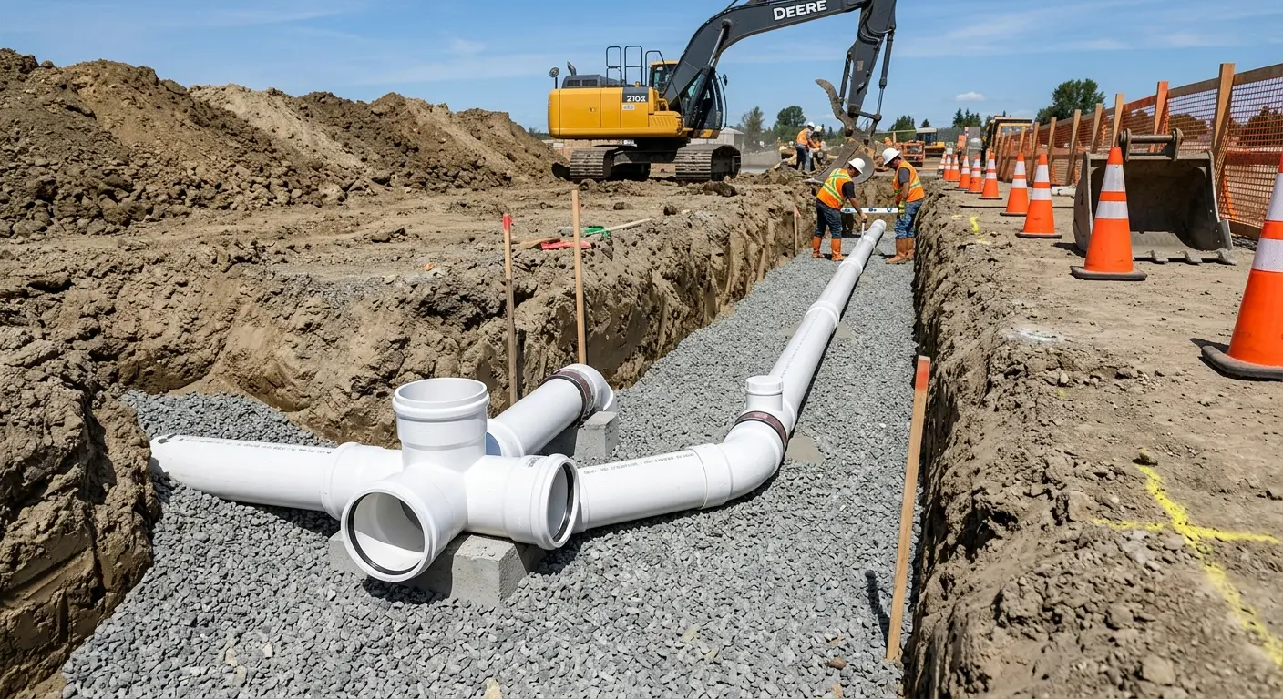New PVC sewer pipe installation in open trench for Sewer Backup in East Haven