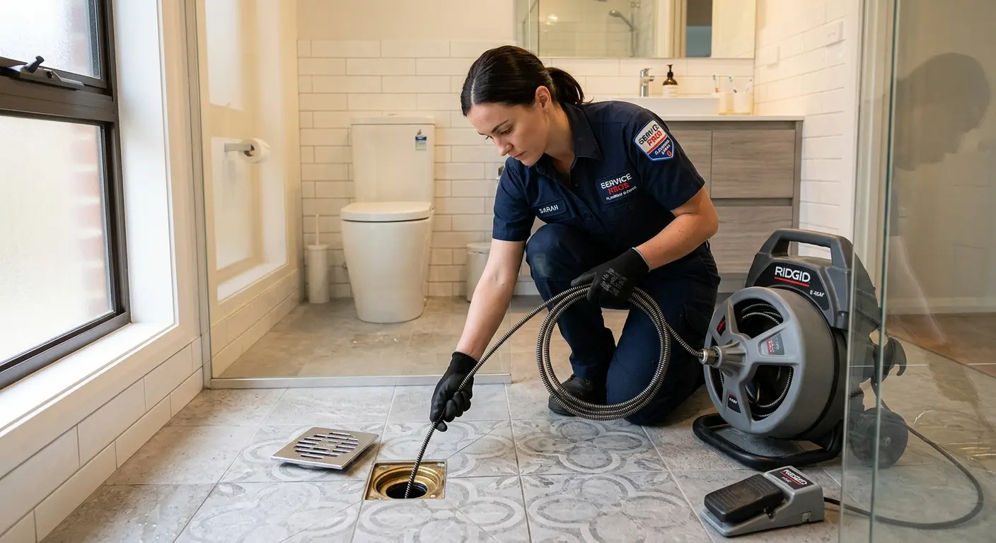 Technician clearing a bathroom floor drain for Hydro Jetting in East Haven